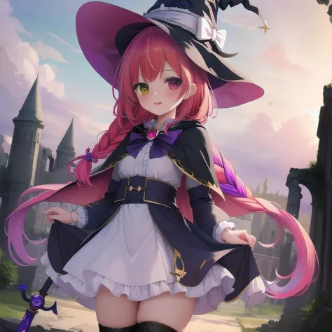 masterpiece, highres, 1girl, witch, witch hat, wide forehead, magical girl, ultra deteiled lace cloth frills, ruins, multicolored hair, Heterochromia, magic stave, staff, cape, {{braid}},