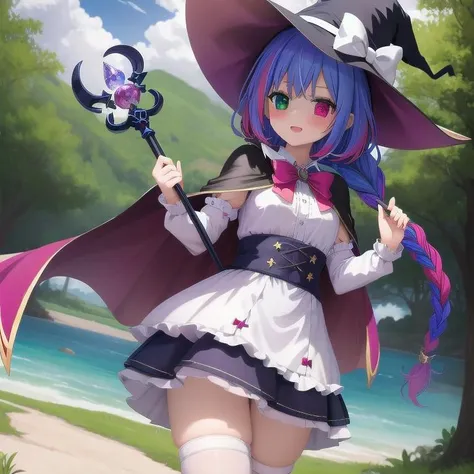 masterpiece, highres, 1girl, witch, witch hat, wide forehead, magical girl, ultra deteiled lace cloth frills, ruins, multicolored hair, Heterochromia, magic stave, staff, cape, {{braid}},