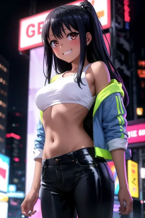 mature, 1girl,neon glow outfit, denim jacket, black shiny pants, crop top, cyberpunk art, upper body, night, neon city, masterpiece, (masterpiece:1.35), looking  at viewer, arms behind,  <lora:Nagatoro_V3:0.6> nagatoro hayase, black hair, dark-skinned fema...