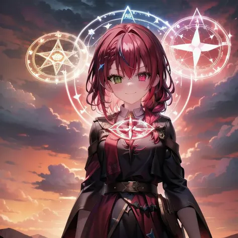 lightning strike, red lightning, 1girl, multicolored hair, evil smirk, lightning, clouds, cloudy, mountain, dark skies, dark, magic, magic circle, heterochromia, (braid:1.2) <lora:magic circle:0.7>, cowboy shot,