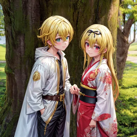 <lora:add_detail:1>,2 girl,2 boy,masterpiece,best quality,ultra-detailed,Middle Ages,day,forest,
AND 2 girl,yue (arifureta),blond hair,very long hair,red eyes,hair bow,standing,smile,white kimono,(kimono),<lora:yue_v2:0.9>,
AND 2 boy,green eyes,child,melio...