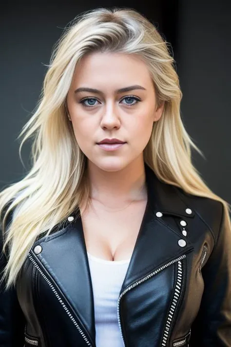 BrookL69 with blonde hair wearing a black leather motorcycle jacket and white shirt, 8k, uhd, hdr, RAW candid cinema, woman, studio, 16mm, ((color graded portra 400 film)) ((remarkable color)), (ultra realistic), textured skin, remarkable detailed pupils, ...