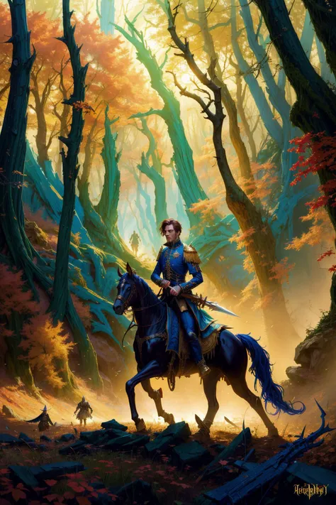 a painting of a woman riding a horse through a forest