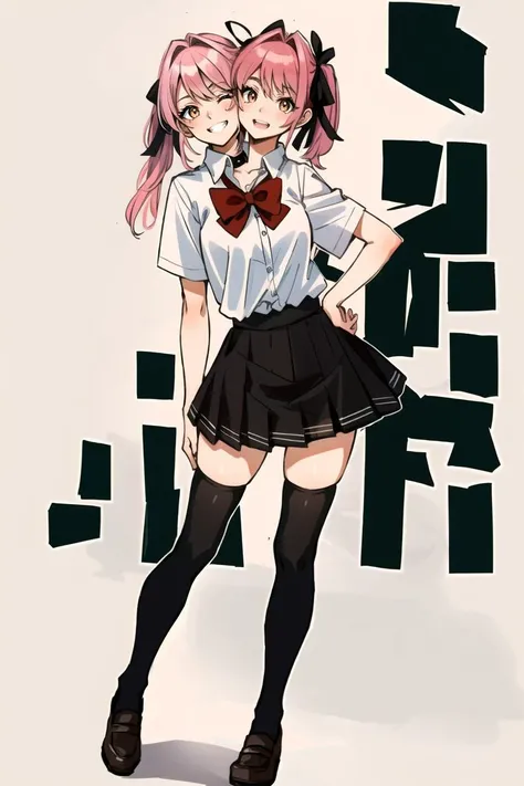 ((masterpiece)), 1girl, twintails, swept bangs, brown eyes, tiny breasts, blue ribbon, school uniform, red pleated bowtie, brown skirt, black legwear, shoes, full body, smile, open mouth, looking to the side, simple background, 2heads, <lora:twoHeadsLORA_2...