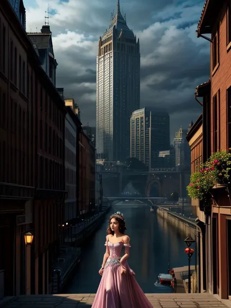 arafed woman in a pink dress standing on a bridge in a city