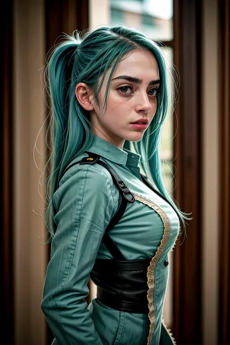 a close up of a woman with blue hair wearing a green jacket