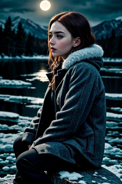 tv_Lucy_Lux_MXAI_V1,  , sad expression, wearing a winter coat, wearing winter pants, wearing winter boots, sitting on a rock by a frozen mountain lake, midnight, moonlight, shot from the side,,   (((relaxed))), "epic-Ultra-HD-details", "epic-Ultra-HD-highl...