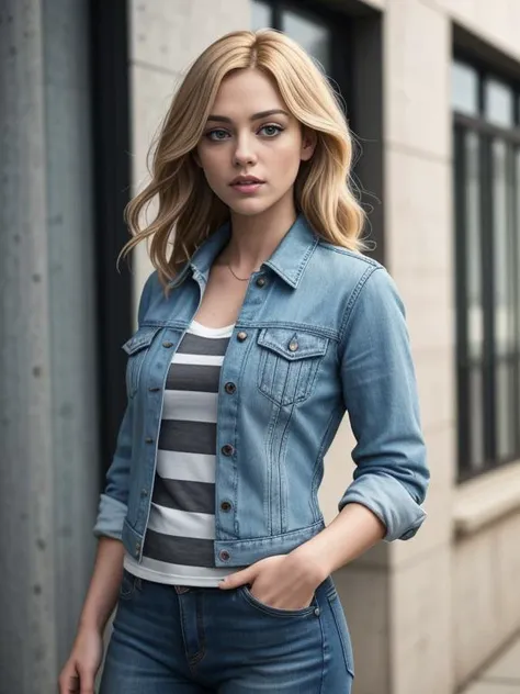 a woman in a striped shirt and denim jacket standing in front of a building