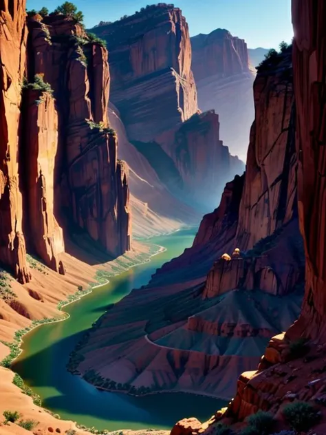 a close up of a river in a canyon with a mountain in the background