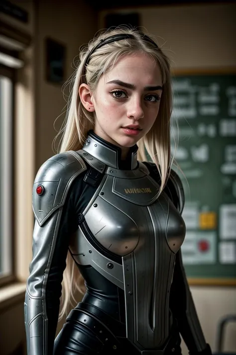 RAW photo, tv_Jane_Blonde_MXAI_V1 ,  sad expression,standing,  wearing space suit , classroom,  pale skin, looking over the shoulder, full body shot,  flirting with the camera, instagram pose, photo, f1.4, 40mm,  raw, 8k, textured skin, skin pores, intrica...