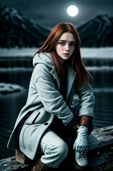 a woman sitting on a rock in the middle of a lake