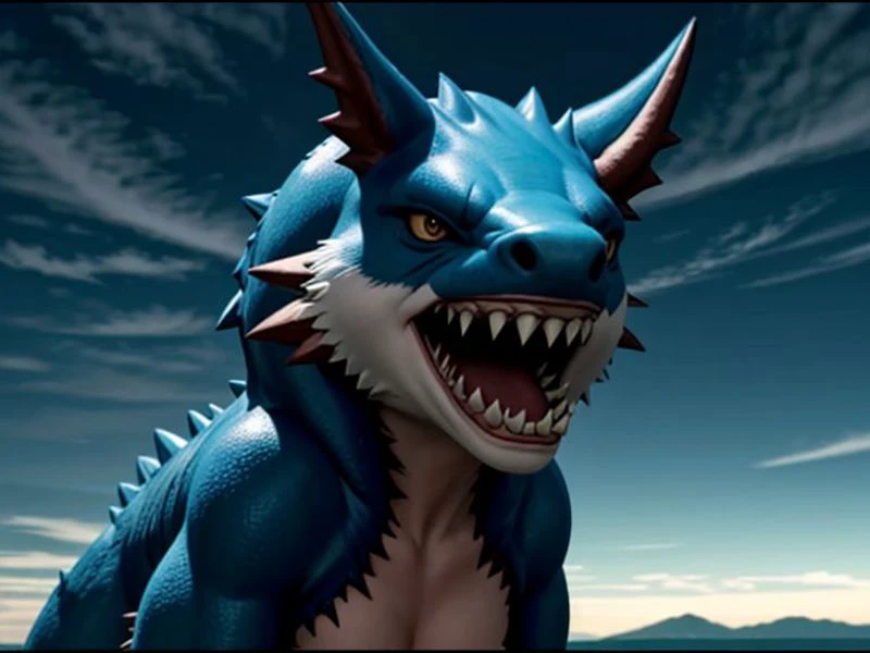 a close up of a blue dragon with a big mouth