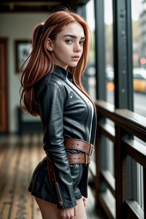 a close up of a woman in a leather jacket and skirt