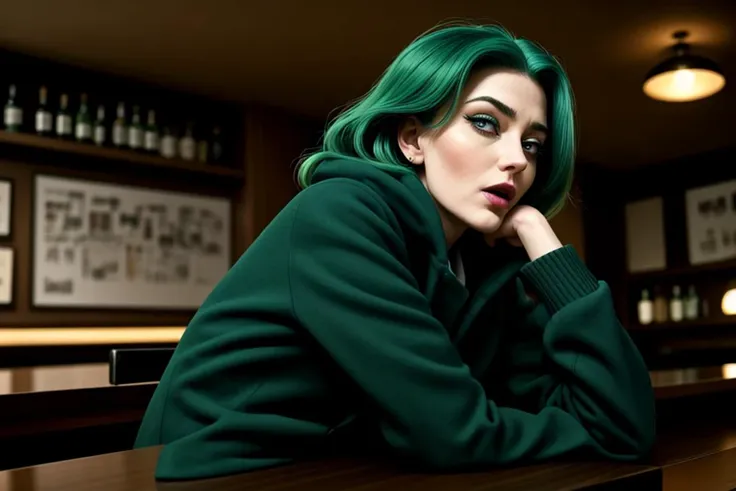 arafed woman with green hair sitting at a bar with a bottle of wine