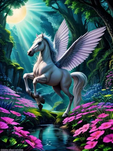 a white horse with wings is standing in the middle of a forest