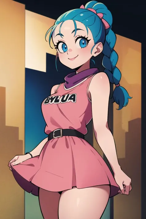 ((masterpiece,best quality)), absurdres,
<lora:Bulma_DB:0.7>, Bulma_DB,  braided ponytail, pink dress, blue eyes,
solo, smiling, looking at viewer, cowboy shot,
cinematic composition,