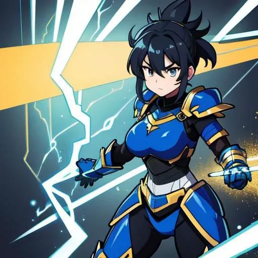 4K, Masterpiece, highres, absurdres,, edgThunderstruck, a woman with a blue and gold armor ,wearing edgThunderstruck_armor, electrified, weilding thunder,