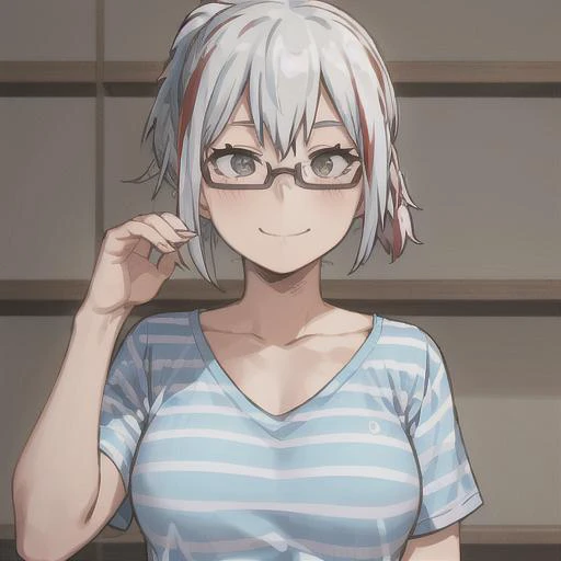 fuyumi todoroki, 1girl, solo, breasts, short hair, shirt, collarbone, upper body, ponytail, white hair, short sleeves, red hair, multicolored hair, glasses, striped, streaked hair, grey eyes, own hands together, blue shirt, semi-rimless eyewear, under-rim ...