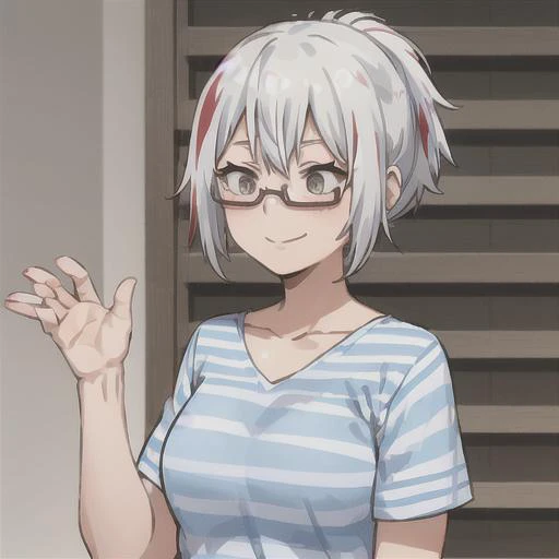 fuyumi todoroki, 1girl, solo, breasts, short hair, shirt, collarbone, upper body, ponytail, white hair, short sleeves, red hair, multicolored hair, glasses, striped, streaked hair, grey eyes, own hands together, blue shirt, semi-rimless eyewear, under-rim ...