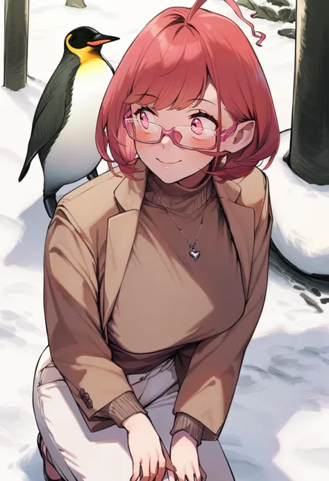 score_9, score_8_up, score_7_up, score_6_up, <lora:92MXL_P6_lokr_V4302:0.95>1girl, necklace, glasses, bird, penguin, ahoge, jewelry, breasts, jacket, brown jacket, red hair, pants, short hair, white pants, smile, large breasts, pink-framed eyewear, sweater...