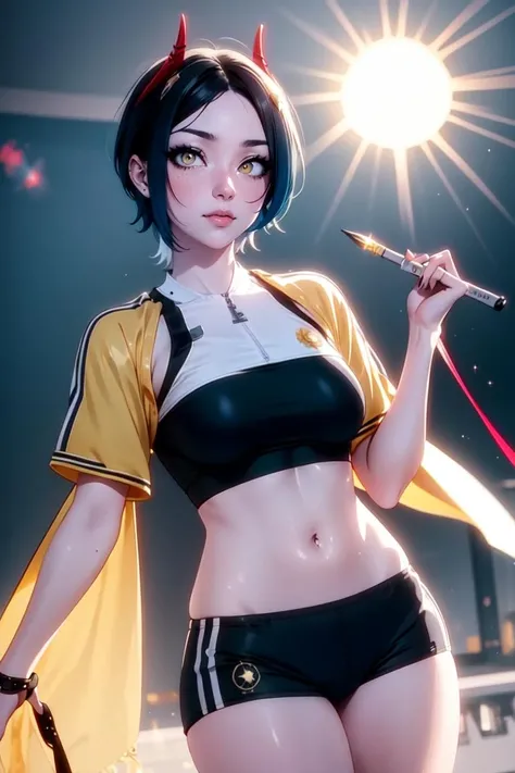 1girl, solo, (cowboy shot:1.2),
ulrich von hutten (azur lane), horns, (gold eyes:1.4), (razor cut hair, blue hair, black hair), alternate costume, sportswear, sports bra, short shorts,
(masterpiece, best quality, ultra-detailed), (beautiful detailed face...