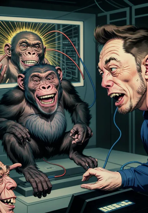 Full body drawing of Elon Musk in a laboratory laughing manically looking at a computer screen with a terrified chimpanzee with brain scanning wires, kirbywood, vintage color comics, fat, old, aged, <lora:kirbywood:1>, Masterpiece, best quality, hi res, 8k...