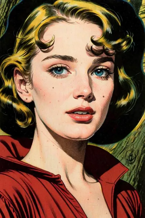 Masterpiece, best quality, hi res, 8k, hi res, 8k,  award winning , (sharp focus, intricate, highly detailed) <lora:kirbywood:1.0> kirbywood, drawing of a person from another world, closeup face,, vintage color comics