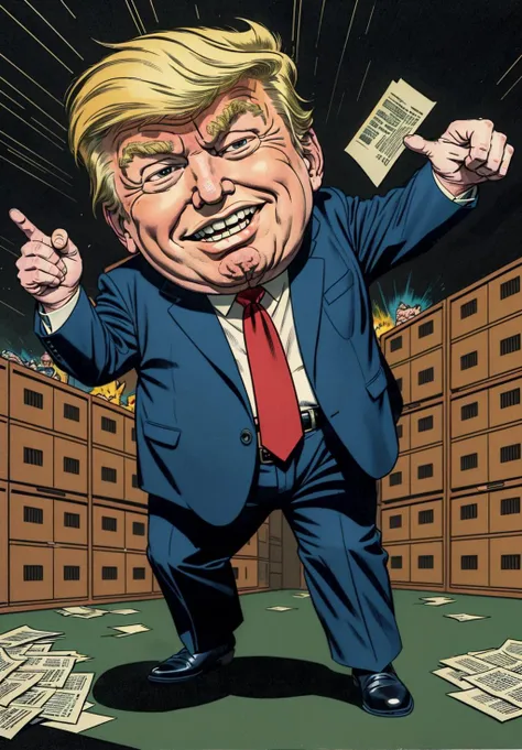 Full body drawing of Donald Trump in a villain lair laughing manically, kirbywood, vintage color comics, fat, overweight, old, aged, surrounded by bankers boxes with documents flying around, <lora:kirbywood:1>, Masterpiece, best quality, hi res, 8k, hi res...