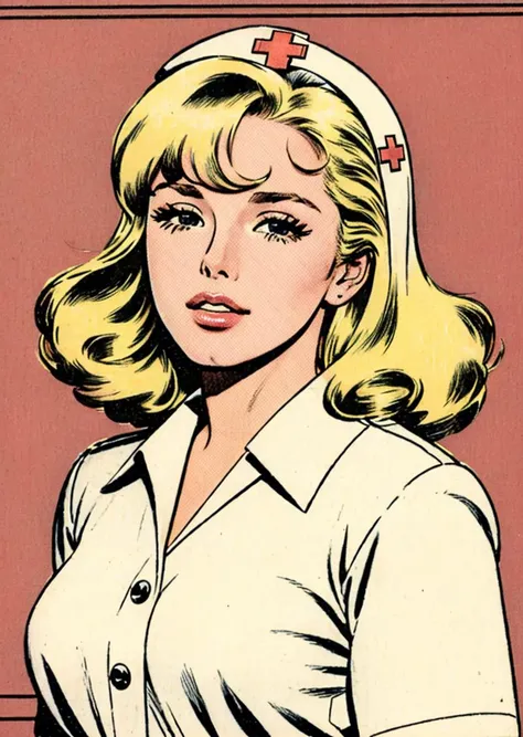 kirbywood, romancecomics, drawing, vintage color comics of a nurse,  blonde hair, [cybsheph | kristen], working in a hospital,  <lora:kirbywood:1>