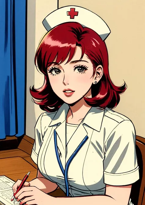 kirbywood, romancecomics, drawing, vintage color comics of a nurse,  red hair, [cybsheph | kristen], working in a hospital,  <lora:kirbywood:1>