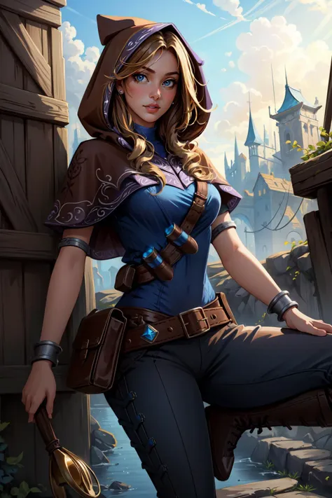 a woman in a blue shirt and brown hat holding a sword