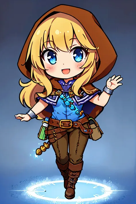 (masterpiece, best quality:1.2), chibi, solo, 1girl, spellthieflux, smile, looking at viewer, glowing, blue shirt, brown capelet, hood, brown pants, boots, belt, bracelet <lyco:Qtea_add_sugar-fp16:1> <lora:spellthieflux-nvwls-v1:0.8>