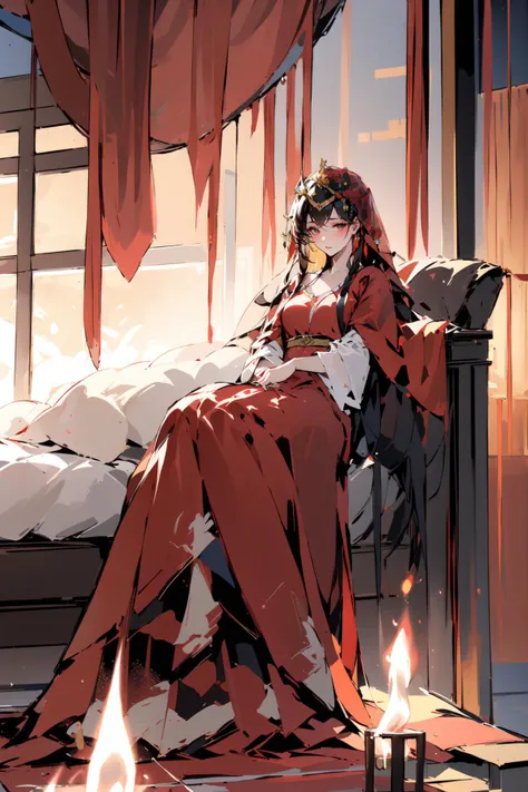 -1girl, solo, long hair, dress, sitting, curtains, red dress, candle, bed, fire, black hair, red footwear, veil, indoors, bare legs, sunglasses, on bed, looking at viewer, bangs, long sleeves, adjusting eyewear, wide sleeves, chinese clothes,Chinese weddin...