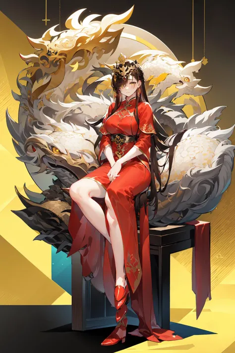 -1girl, long hair, dress, sitting, very long hair, red dress, solo, chinese clothes, brown hair, full body, hair ornament, looking at viewer, black hair, long sleeves, red footwear, breasts, hair over one eye, crossed legs, wide sleeves, closed mouth, jewe...