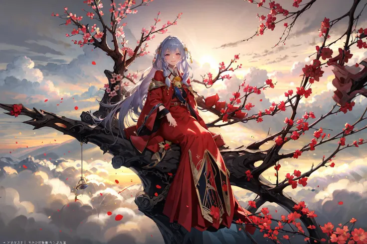 (masterpiece:1.2),best quality,PIXIV,Elaina,Chinese weddingdress,<lora:Chinese weddingdress-000018:0.9>,
1girl,long hair,dress,branch,red dress,cloud,sky,petals,tree,red eyes,sitting,chinese clothes,white hair,flower,smile,