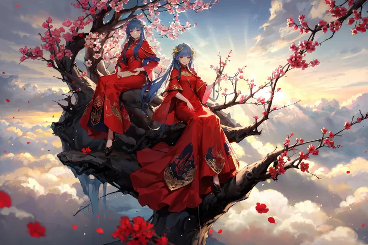 (masterpiece:1.2),best quality,PIXIV,Chinese weddingdress,<lora:Chinese weddingdress-000018:0.9>,
multiple girls, 2girls, long hair, dress, branch, red dress, cloud, sky, petals, tree, red eyes, sitting, chinese clothes, blue hair, flower, smile