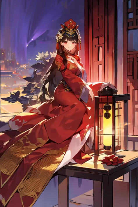 anime girl in red dress sitting on a table with lantern