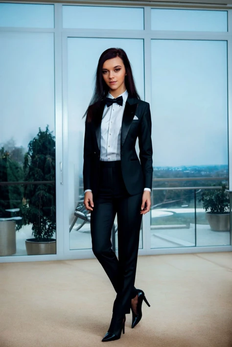 A full color portrait of a beautiful woman wearing a impeccable tux at a VIP reception,natural lighting,epic character composition,by ilya kuvshinov, alessio albi, nina masic,sharp focus, subsurface scattering, f2, 35mm, film grain <lora:leagu:1>