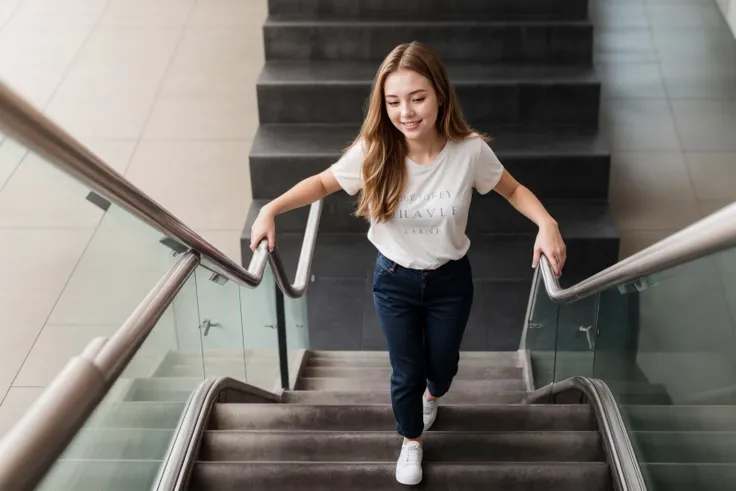 from above,photo of a 25 year old girl,going up the stairs,putting hand on handrail,happy,shirt,pants,ray tracing,detail shadow,shot on Fujifilm X-T4,85mm f1.2,sharp focus,depth of field,blurry background,bokeh,<lora:add_detail:1>,