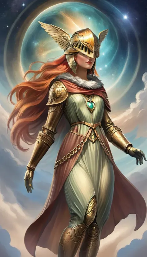 a woman in armor and a helmet is walking in the sky