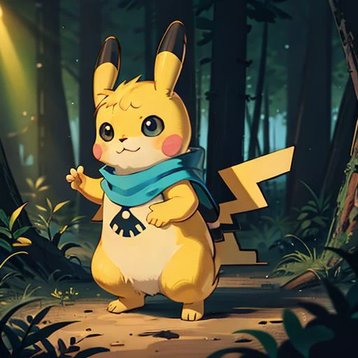 A pikachu, masterpiece,{{{best quality}}},(illustration)),{{{extremely detailed CG unity 8k,Brilliant light,cinematic lighting,long_focus,Leonardo Style, Sunbird, background , illustration,vector art,Furry,forest ,fluffy,detailed,cute,