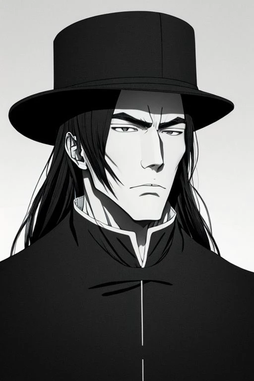 a man in a hat and black coat with long hair