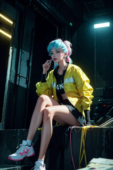 1girl, portrait, sitting, (pleated skirt, yellow green retro bomber jacket 80s), solo,cyberpunk, official art, unity 8k wallpaper, ultra detailed, beautiful and aesthetic, masterpiece,best quality, glowing skin, (floating colorful sparkles:1) the most beau...