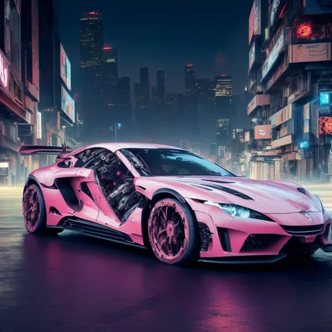 a (mechcd, shiny:1.2, glowing:1.2, glowing eyes, mechanical parts, cyberpunk, pink theme:1.3) (sports car:1.3), ground vehicle, ...