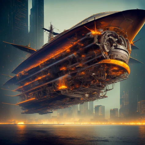 a (mechcd, shiny:1.2, glowing:1.2, glowing eyes, mechanical parts, cyberpunk, orange theme:1.3) (kirov airship:1.2), (solo:1.2),...