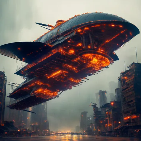 spaceship flying over a city at night with fire coming out of it