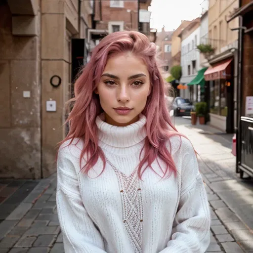 arafed woman with pink hair and white sweater standing on a sidewalk