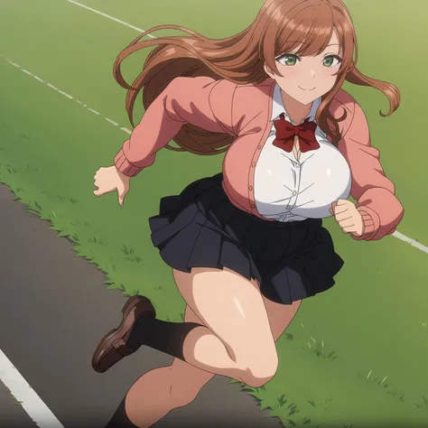 <lora:MinakoSanadaXL001>,
anime screencap,
best quality,masterpiece,
solo,
smile,
MinakoSanada,1girl,brown hair,long hair,green eyes,
large breasts,
white shirt,red bowtie,pink cardigan,long sleeves,
pleated_skirt,black skirt,
thigh,black socks,loafers,
fu...