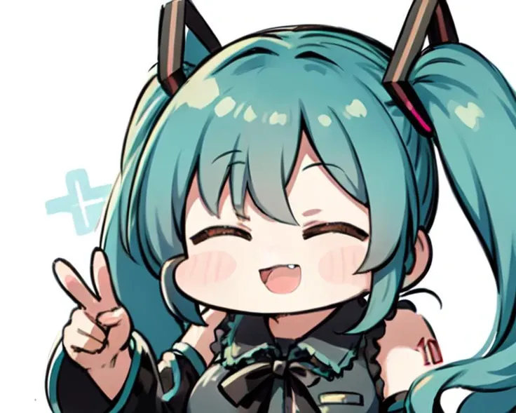 <lyco:JazzJack-NAI-LyCORIS:0.85>
1girl, chibi, hatsune_miku, solo, portrait, closed eyes, aqua hair, twintails, hair_ornament,  smile, open mouth, v, double peace