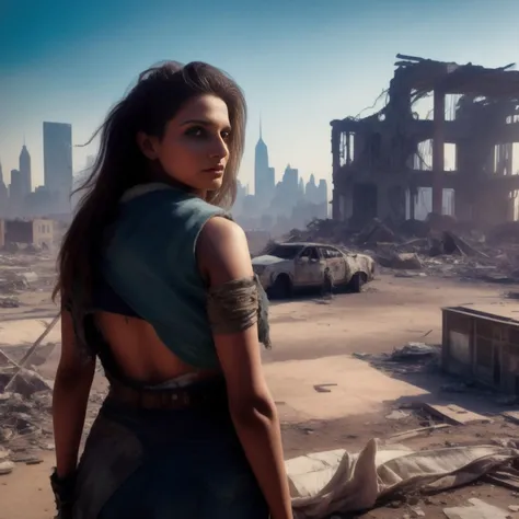 ((desidressed:0.6)), a pretty woman in  torn clothes, post apocalyptic NYC ruins in background, contrast, 4k, bright foreground